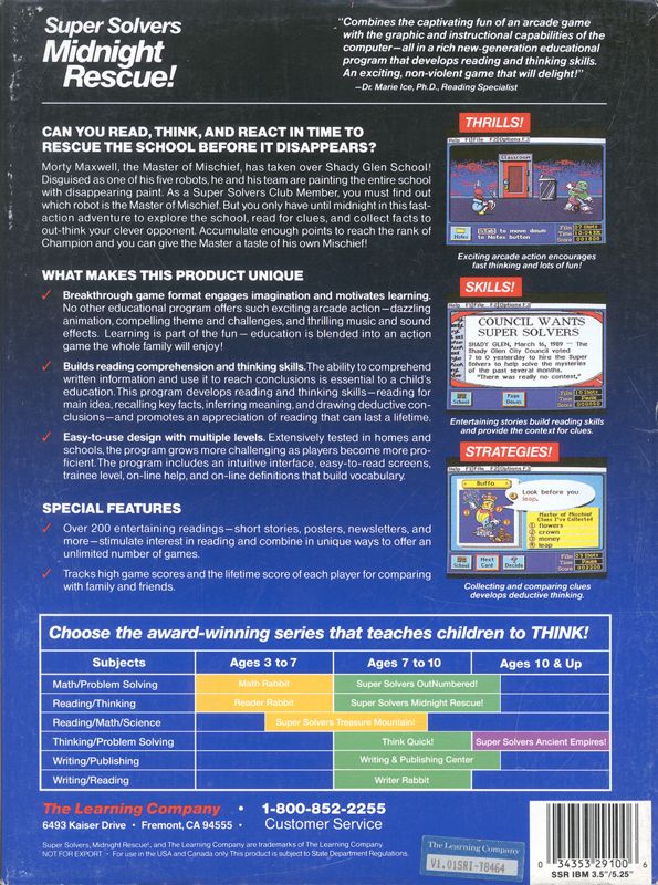 Back Cover for Super Solvers: Midnight Rescue! (DOS)