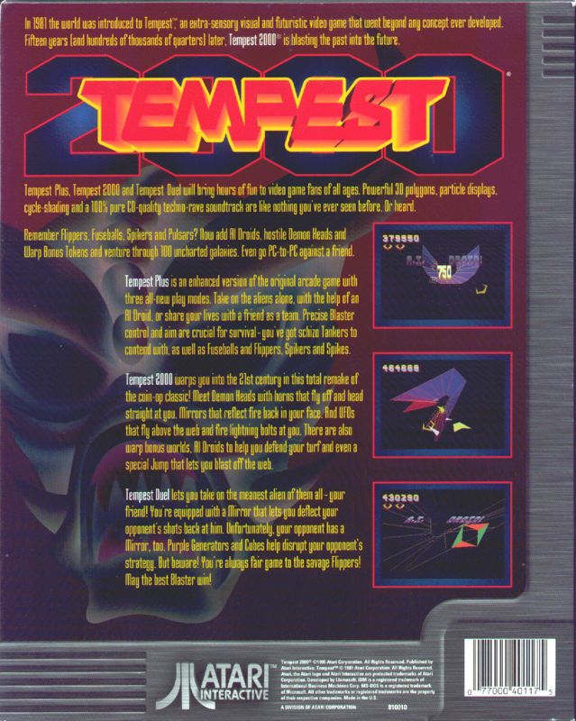 Back Cover for Tempest 2000 (DOS and Windows) (Atari Interactive release)