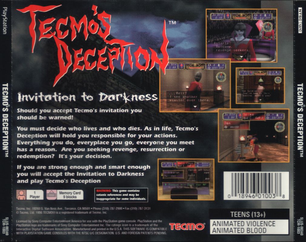Back Cover for Tecmo's Deception (PlayStation)