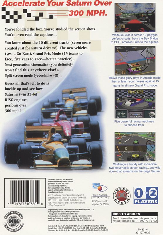 Back Cover for Time Warner Interactive's VR Virtua Racing (SEGA Saturn)