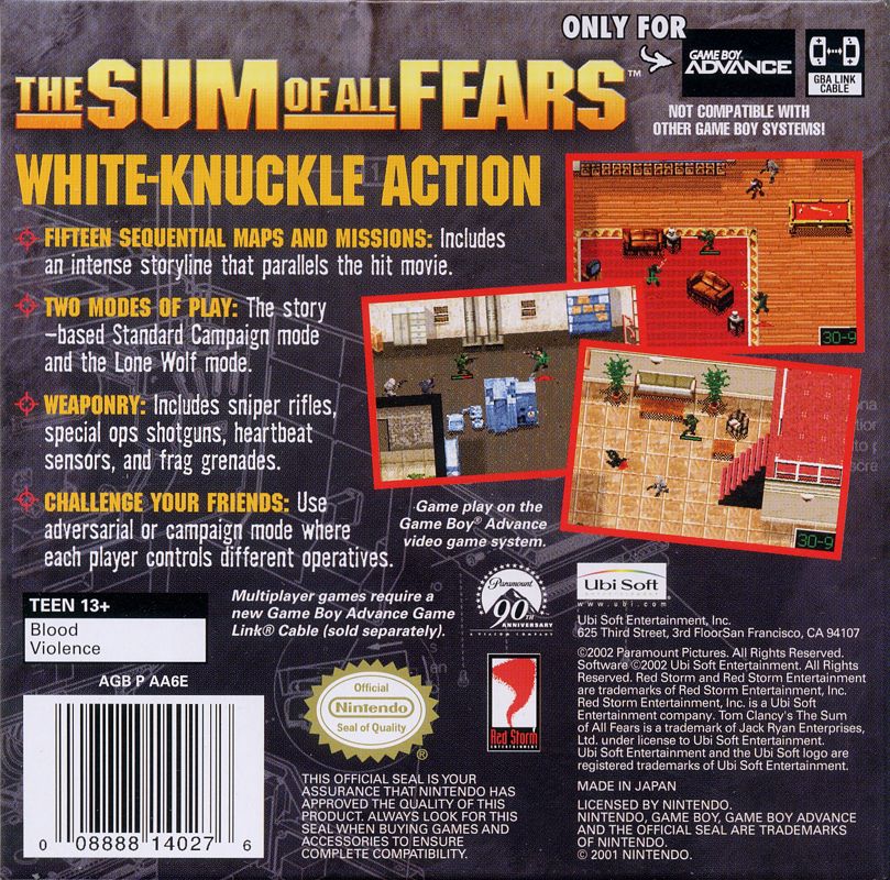 Back Cover for The Sum of All Fears (Game Boy Advance)