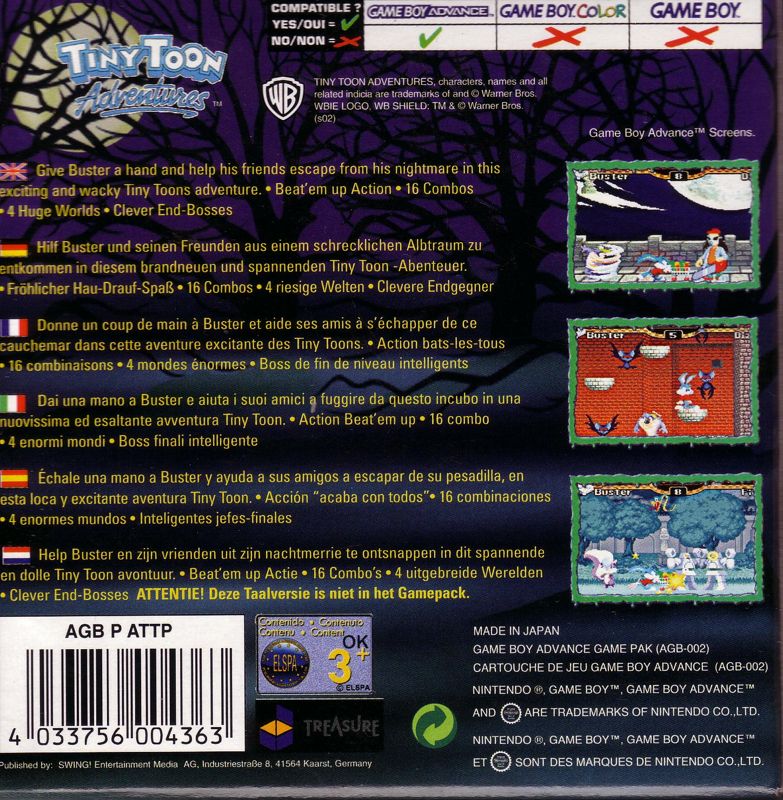 Back Cover for Tiny Toon Adventures: Scary Dreams (Game Boy Advance)