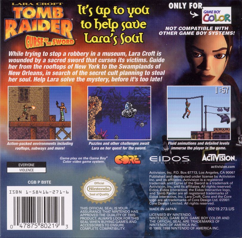 Back Cover for Lara Croft: Tomb Raider - Curse of the Sword (Game Boy Color)