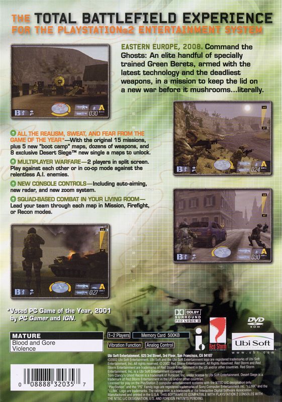 Back Cover for Tom Clancy's Ghost Recon (PlayStation 2)