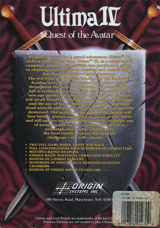 Back Cover for Ultima IV: Quest of the Avatar (Atari ST)