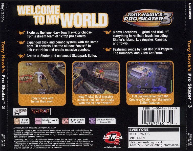 Back Cover for Tony Hawk's Pro Skater 3 (PlayStation)