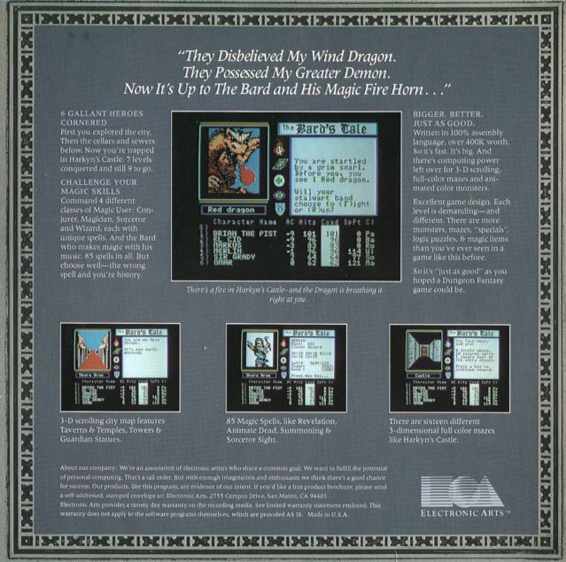 Back Cover for Tales of the Unknown: Volume I - The Bard's Tale (DOS)
