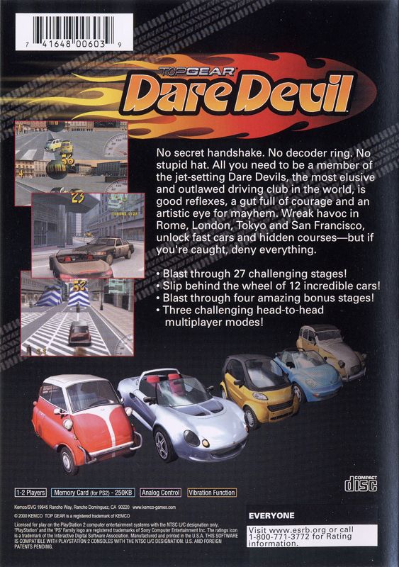 Back Cover for Top Gear: Dare Devil (PlayStation 2)