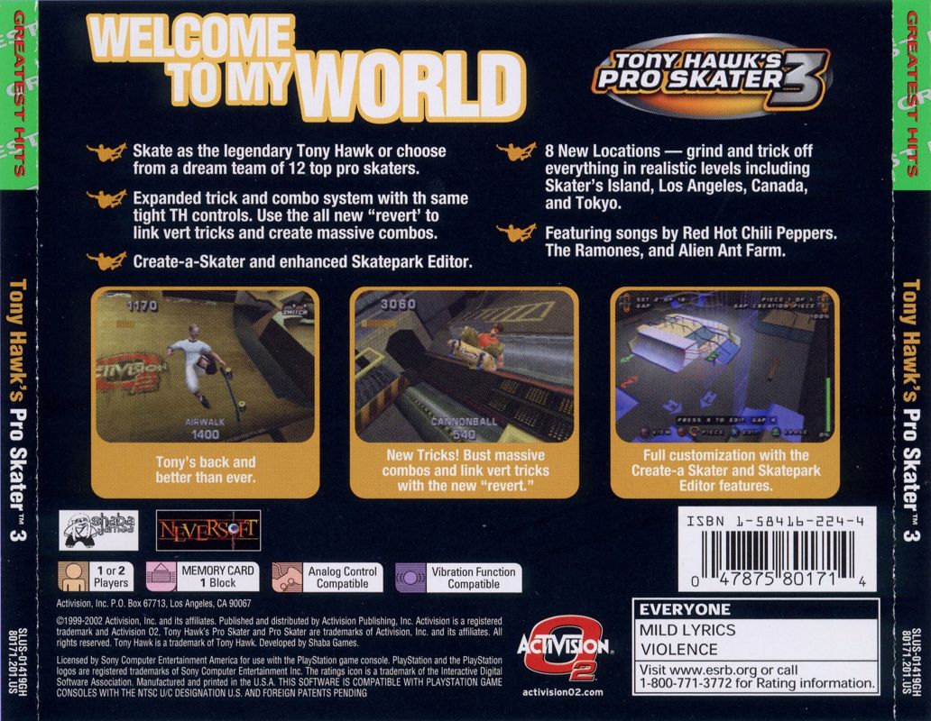 Back Cover for Tony Hawk's Pro Skater 3 (PlayStation) (Greatest Hits)