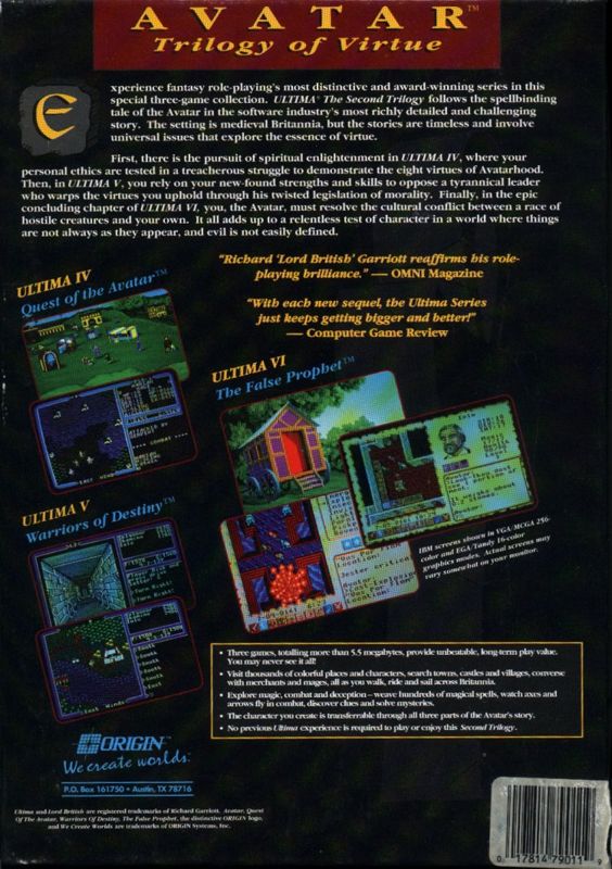 Back Cover for Ultima: The Second Trilogy (DOS)