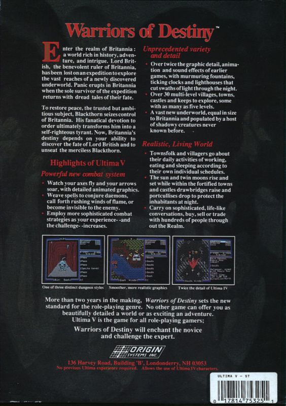 Back Cover for Ultima V: Warriors of Destiny (Atari ST)