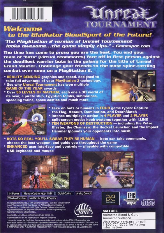 Back Cover for Unreal Tournament (PlayStation 2)