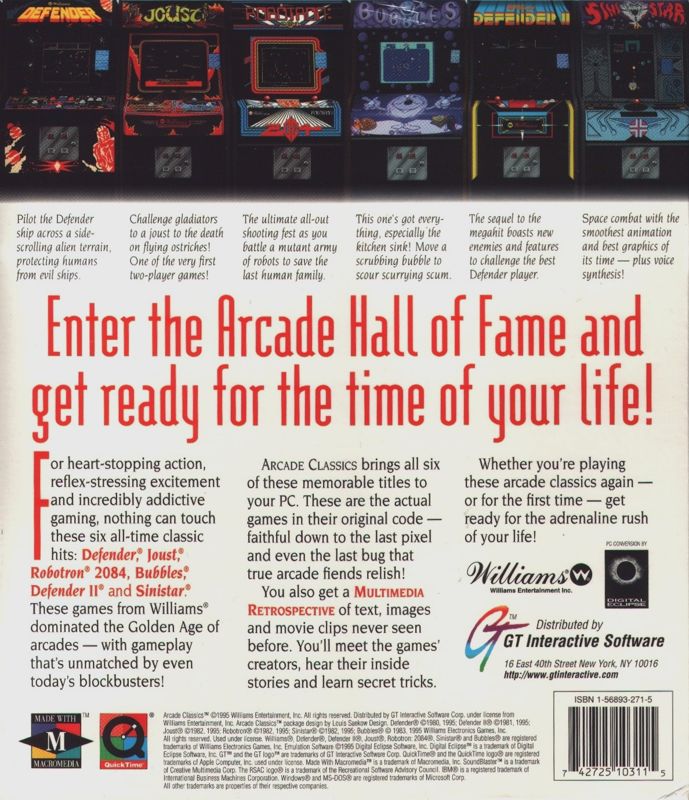 Back Cover for Williams Arcade Classics (DOS)