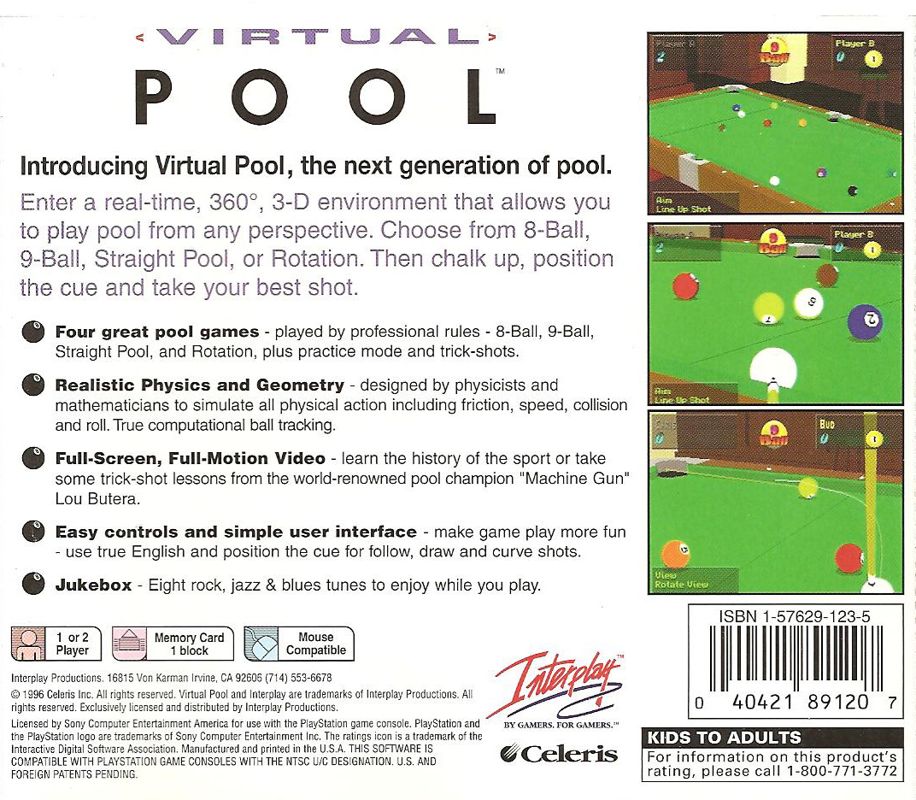Back Cover for Virtual Pool (PlayStation)