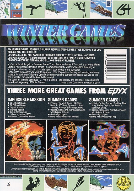 Back Cover for Winter Games (Commodore 64) (U.S. Gold release in plastic folder, disk)