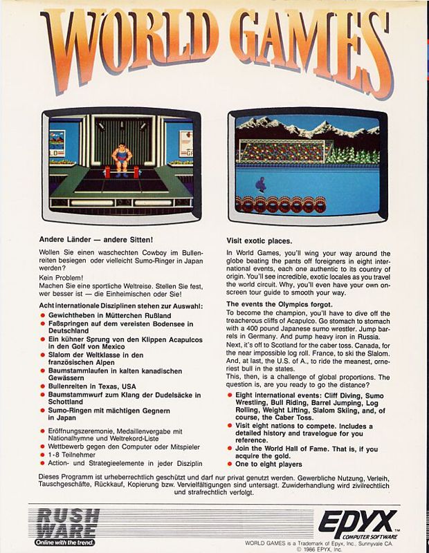 Back Cover for World Games (Commodore 64) (Rushware release in hardplastic box)