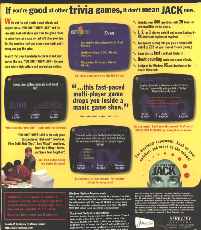 Back Cover for You Don't Know Jack (Macintosh and Windows and Windows 3.x)