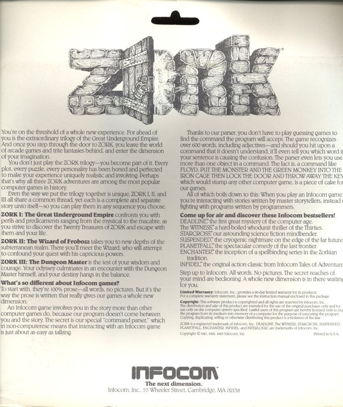 Back Cover for Zork II: The Wizard of Frobozz (CP/M)