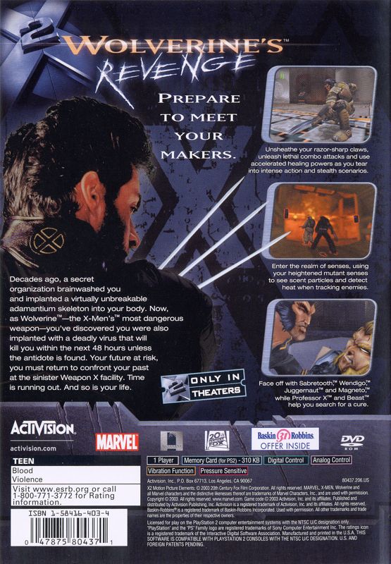 Back Cover for X2: Wolverine's Revenge (PlayStation 2)