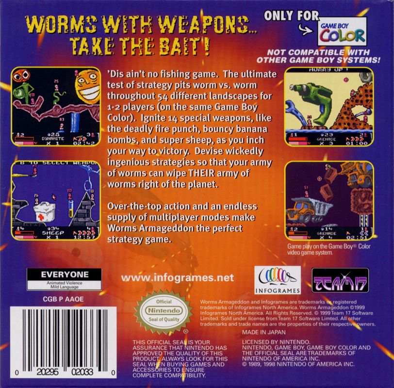 Back Cover for Worms: Armageddon (Game Boy Color)