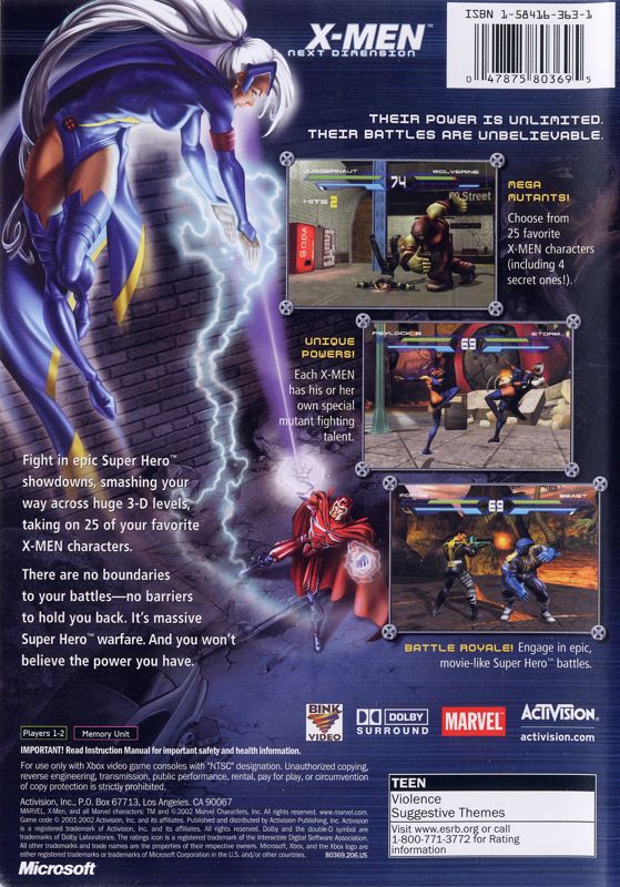 Back Cover for X-Men: Next Dimension (Xbox)