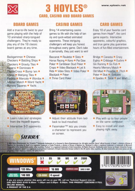 Back Cover for 3 Hoyles: Card, Casino and Board Games (Windows)