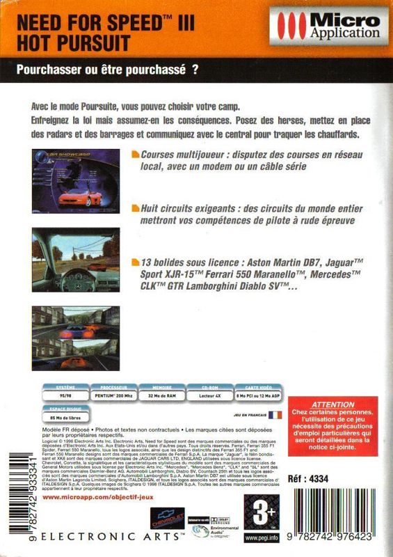 Back Cover for Need for Speed III: Hot Pursuit (Windows) (Objectif Jeux release)