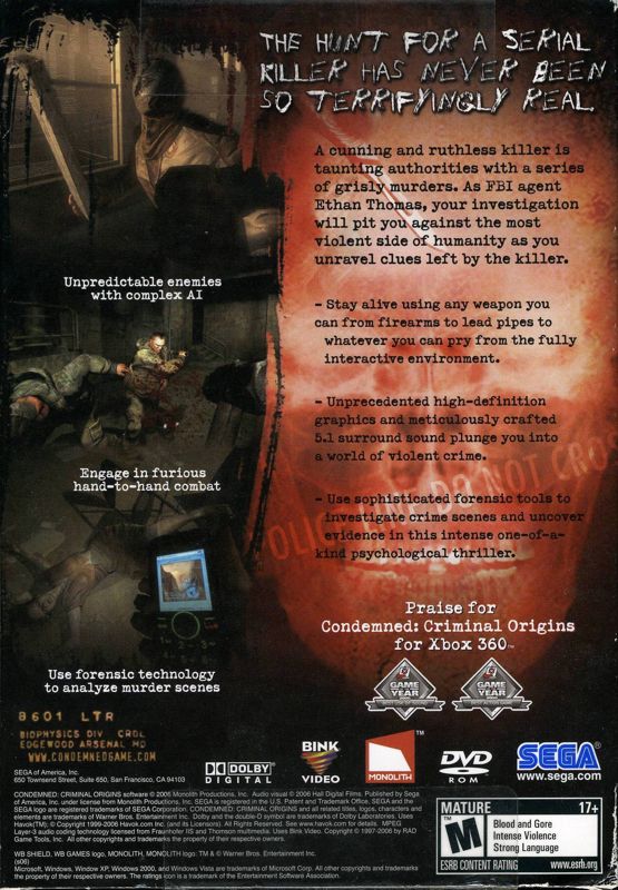 Condemned: Criminal Origins cover or packaging material - MobyGames