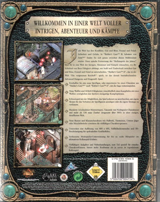 Back Cover for Baldur's Gate II: Shadows of Amn (Windows) (Pre-order version with Bonus disc)