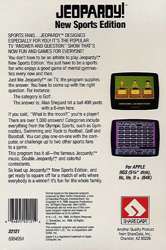 Back Cover for Jeopardy!: New Sports Edition (Apple II)