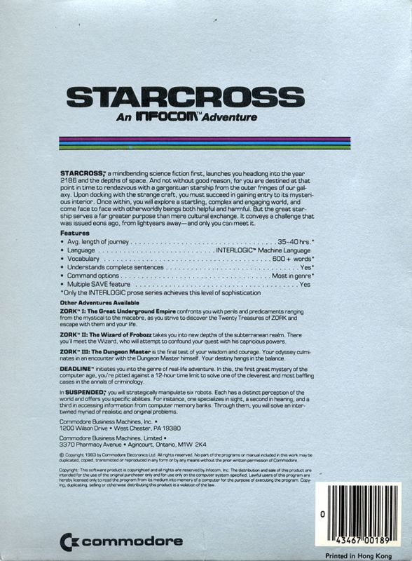 Back Cover for Starcross (Commodore 64)