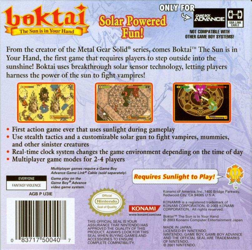 Back Cover for Boktai: The Sun is in Your Hand (Game Boy Advance)
