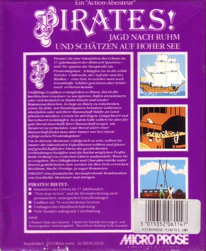 Back Cover for Sid Meier's Pirates! (PC Booter)