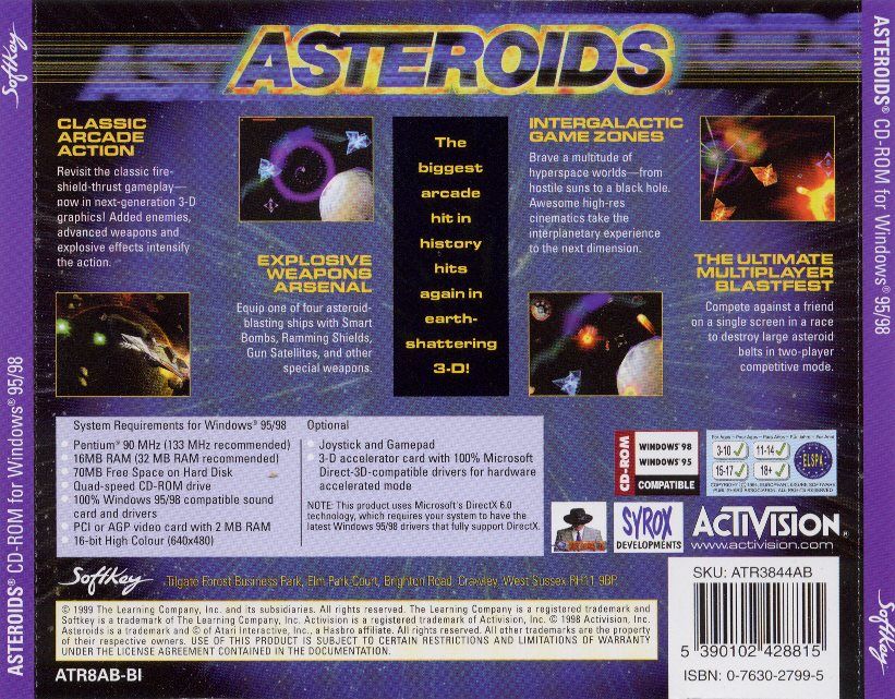Back Cover for Asteroids (Windows) (SoftKey Release)