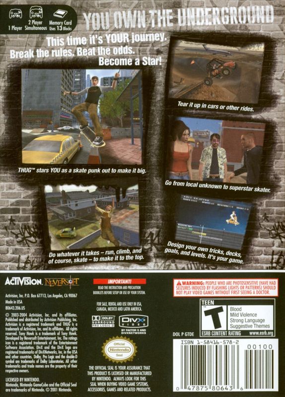 Back Cover for Tony Hawk's Underground (GameCube)