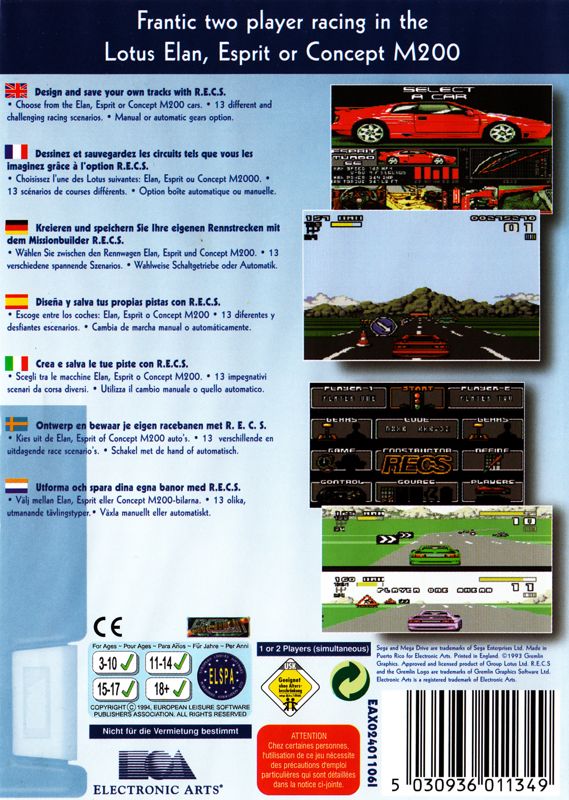 Back Cover for Lotus: The Ultimate Challenge (Genesis) (Electronic Arts Console Classics release)
