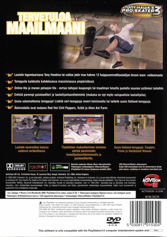 Back Cover for Tony Hawk's Pro Skater 3 (PlayStation 2)