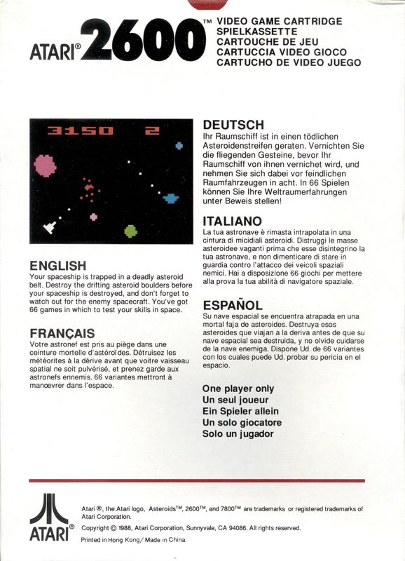 Back Cover for Asteroids (Atari 2600) (1988 release)