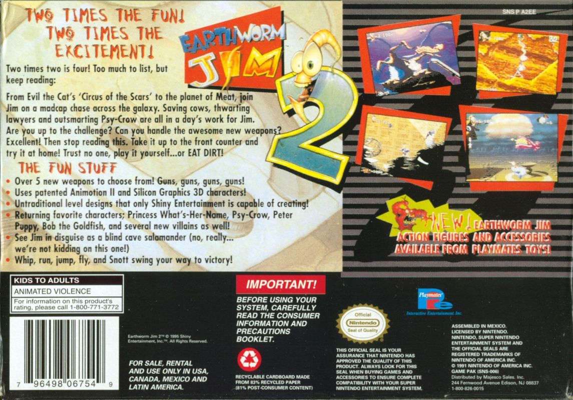 Back Cover for Earthworm Jim 2 (SNES) (Second production (Assembled in Mexico))