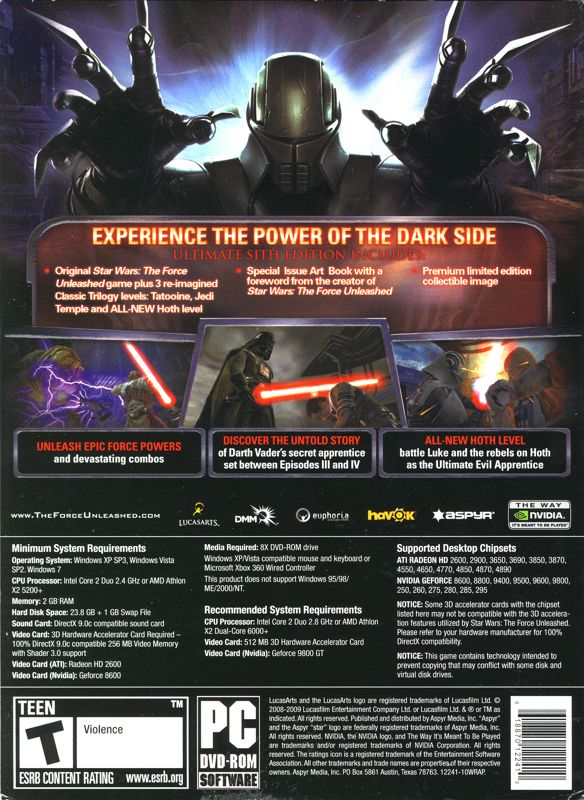 Back Cover for Star Wars: The Force Unleashed - Ultimate Sith Edition (Windows)