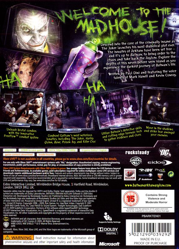 Other for Batman: Arkham Asylum (Xbox 360) (HMV exclusive sleeve with included Joker poster): Keep Case - Back