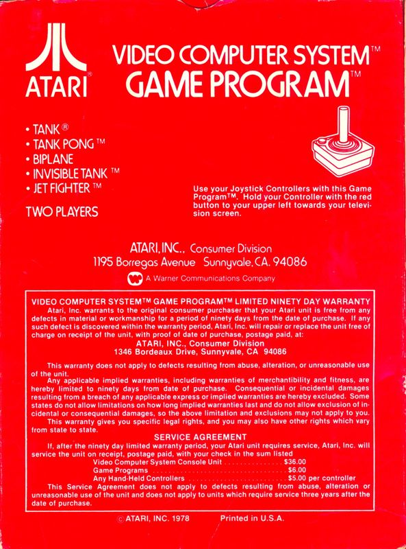 Back Cover for Combat (Atari 2600)