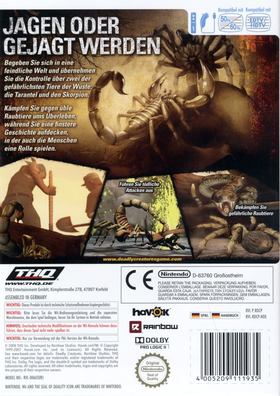 Back Cover for Deadly Creatures (Wii)