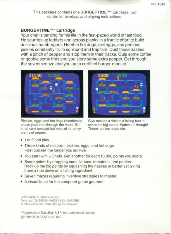 Back Cover for BurgerTime (Intellivision) (Second Release)