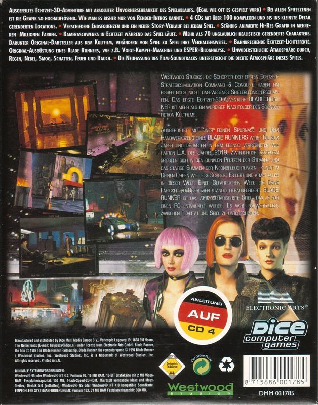 Back Cover for Blade Runner (Windows) (Dice Multimedia release)