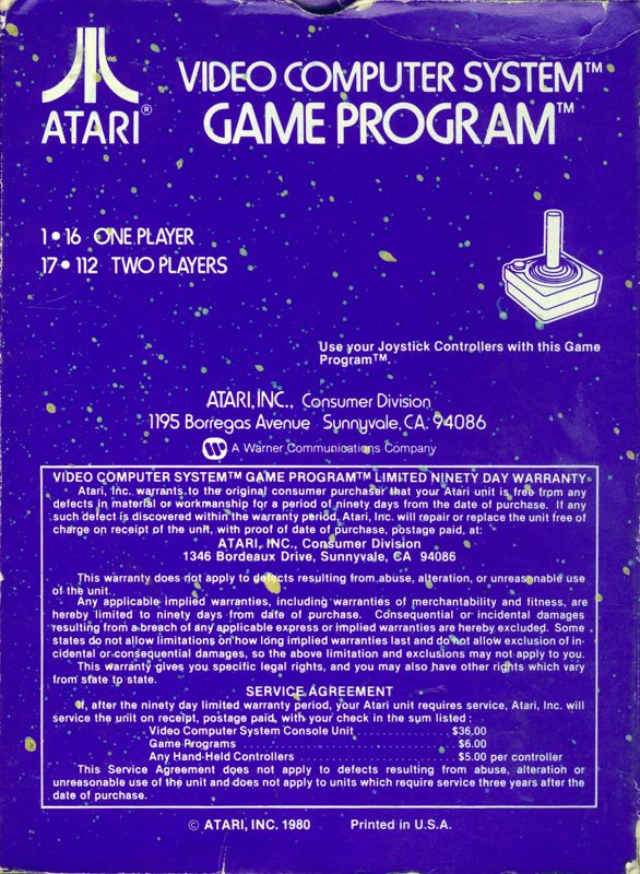 Back Cover for Space Invaders (Atari 2600)