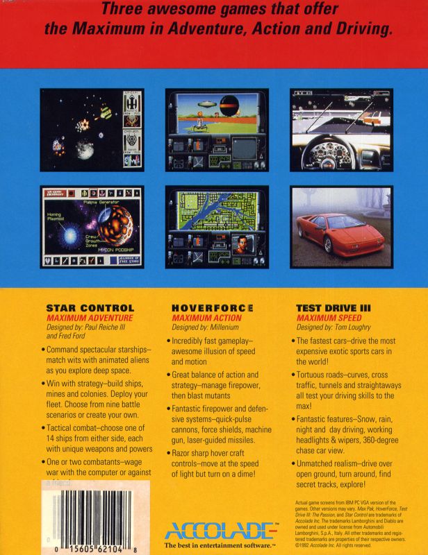 Back Cover for Max Pak (DOS) (5.25" disk release)