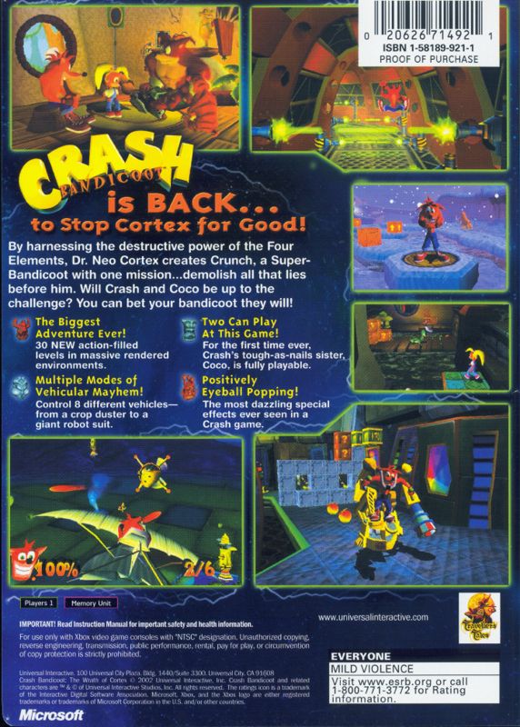 Back Cover for Crash Bandicoot: The Wrath of Cortex (Xbox)