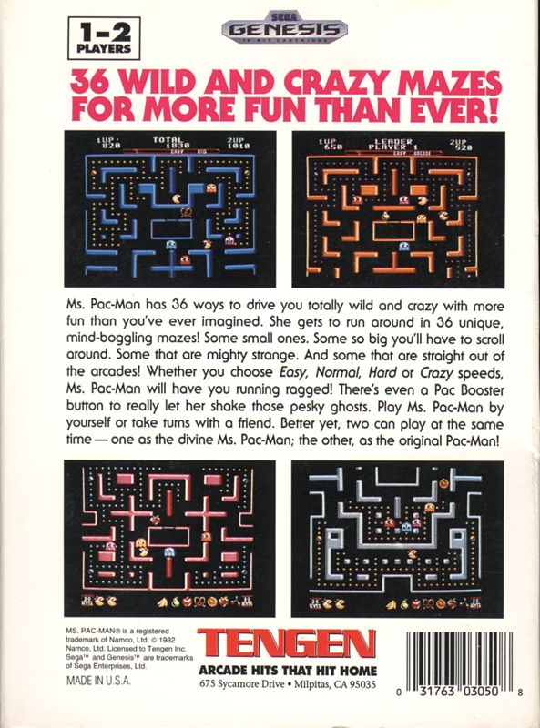 Back Cover for Ms. Pac-Man (Genesis) ("Made in U.S.A." release)