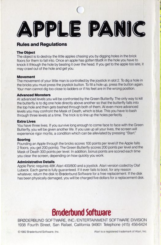 Back Cover for Apple Panic (Atari 8-bit)